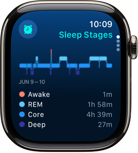 La app Sueño mostrando la estimación de cuánto tiempo has estado despierto y durmiendo en fase de sueño REM, esencial y profundo.