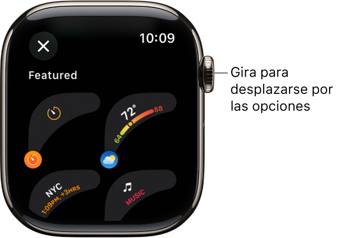 La pantalla personalizada de una esfera que muestra varias complicaciones destacadas. Gira la corona Digital Crown para ver las complicaciones.