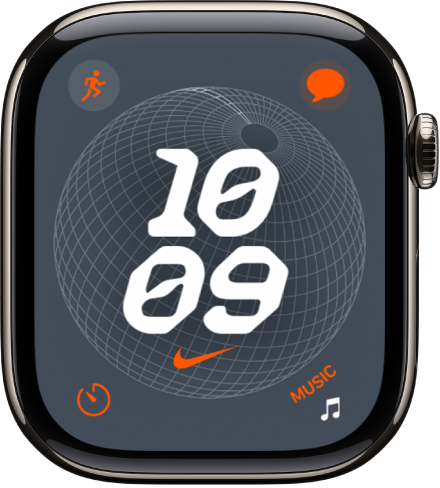 La esfera “Nike Globe”, con un reloj digital en el centro y cuatro complicaciones: Entreno arriba a la izquierda, Mensajes arriba a la derecha, Temporizador abajo a la izquierda y Música abajo a la derecha.