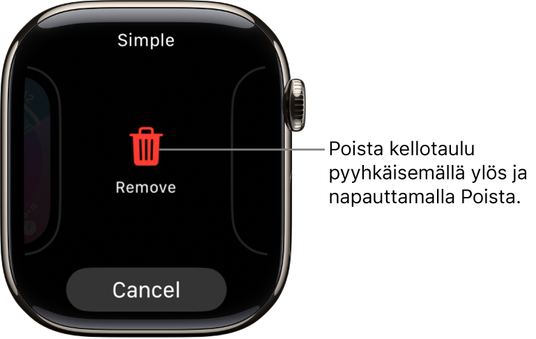 Apple Watch -näyttö, jossa näkyvät Poista- ja Kumoa-painikkeet, jotka tulevat näkyviin kun olet pyyhkäissyt kellotauluun ja poistanut sen pyyhkäisemällä sitä ylös.