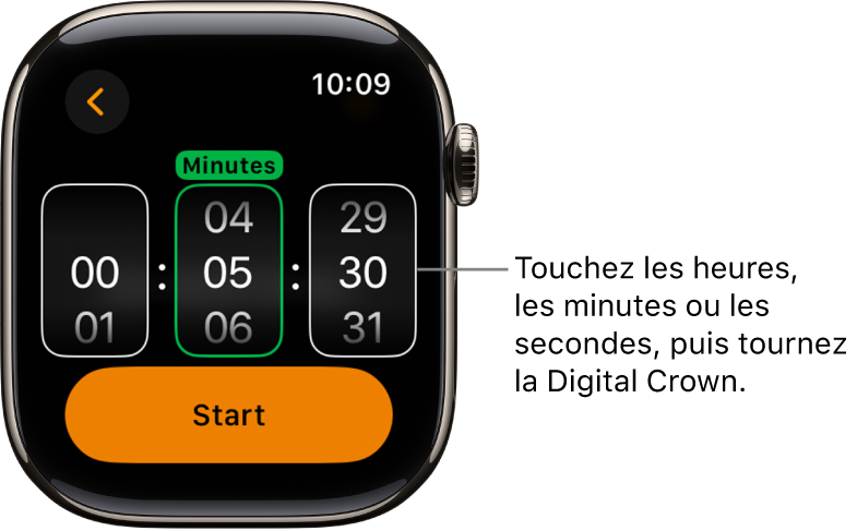 Réglages d’un minuteur personnalisé, avec les heures à gauche, les minutes au milieu et les secondes à droite. Le bouton Démarrer se trouve en dessous.