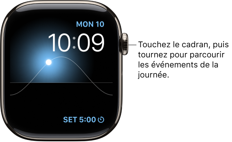 Cadran Diagramme solaire qui montre le jour, la date et l’heure, et qui ne peut pas être modifié. Une complication Minuteur se trouve en bas à droite. Touchez le cadran, puis tournez la Digital Crown pour voir le crépuscule, l’aube, le soleil à son zénith ou se coucher, puis la nuit.