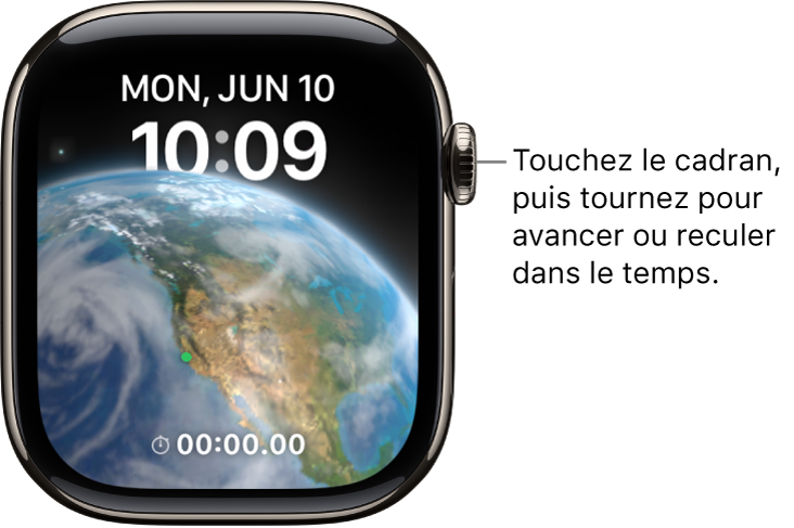 Cadran Astronomie, qui montre le jour, la date et l’heure. Une complication de minuteur se trouve en bas. Touchez le cadran, puis tournez la Digital Crown pour avancer ou reculer dans le temps.