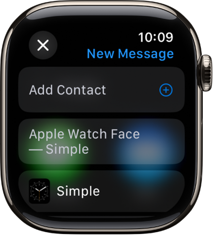 L’écran de l’Apple Watch qui affiche un message de partage de cadran avec le nom du destinataire en haut. En dessous se trouvent le bouton Ajouter un contact et le nom du cadran.