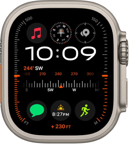 Le cadran Modulaire Ultra qui affiche l’altitude à gauche et à droite (en pieds à gauche et en mètres à droite), les complications Musique, Boussole et Points de cheminement de la boussole dans le haut, une horloge numérique en dessous, une complication Cap de boussole au centre, et les complications Messages, Lever et Exercice dans le bas. Tout au bas se trouve l’altitude actuelle.