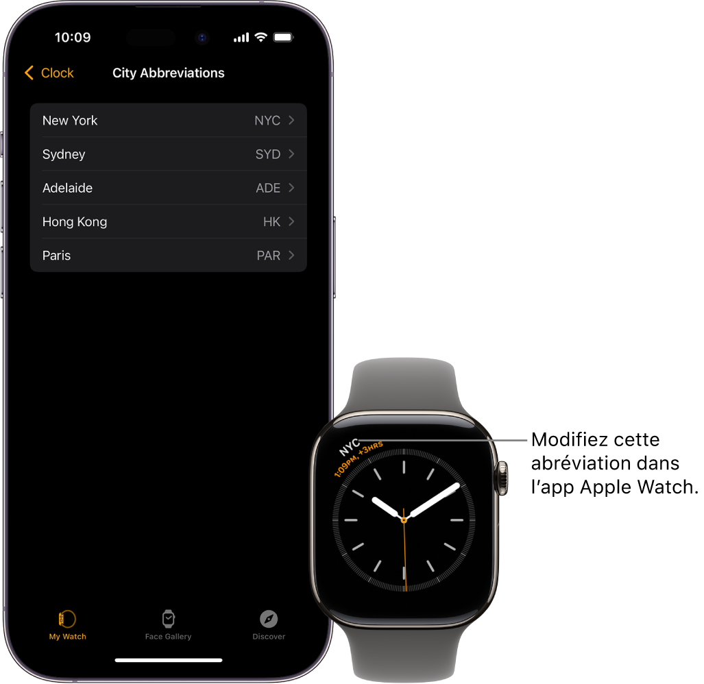 Un iPhone et une Apple Watch côte à côte. L’écran de l’Apple Watch affiche l’heure de New York, dont l’abréviation est NYC. L’écran de l’iPhone affiche la liste des villes dans les réglages Horloges de l’app Watch.