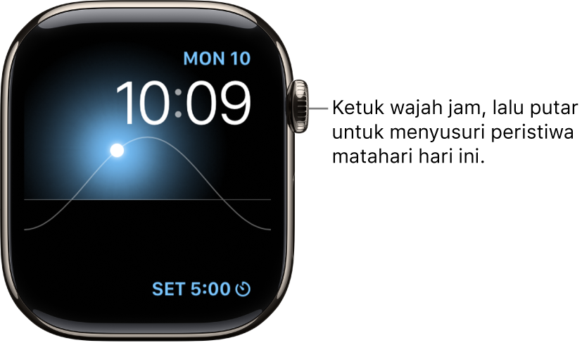 Wajah jam Grafik Surya menampilkan hari, tanggal, dan waktu saat ini, yang tidak dapat dimodifikasi. Komplikasi Timer muncul di bagian kanan bawah. Ketuk wajah jam, lalu putar Digital Crown untuk memindahkan matahari di langit ke petang, dini hari, rembang, matahari terbenam, dan gelap.