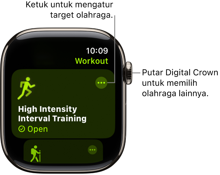 Layar Olahraga dengan olahraga Latihan Interval Intensitas Tinggi yang disorot. Tombol Lainnya ada di kanan atas ubin olahraga.