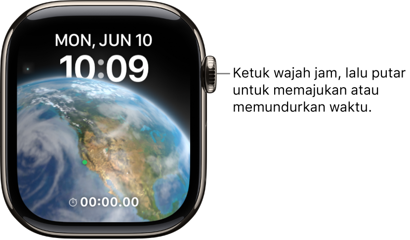 Wajah jam Astronomi, yang menampilkan hari, tanggal, dan waktu saat ini. Komplikasi timer terdapat di bagian bawah. Ketuk wajah jam, lalu putar Digital Crown untuk memajukan atau memundurkan waktu.