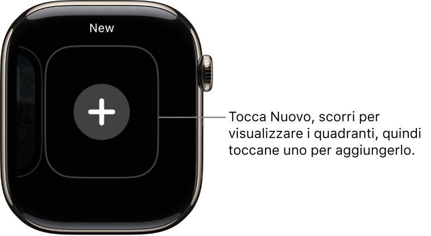 Schermata del nuovo quadrante con il pulsante + al centro. Tocca per aggiungere un nuovo quadrante.