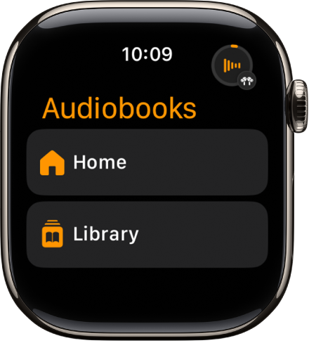 Programoje „Audiobooks“ rodomi mygtukai „Home“ ir „Library“.