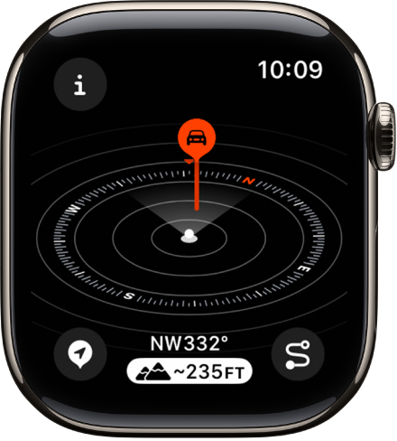 Lietotnē Compass ir redzams skats Elevation. Sasvērtā ripā ir attēlotas vairākas pieturvietas. Baltais stabiņš norāda pašreizējo augstumu; tas ir augstāks par citām uz ripas esošajām pieturvietām. Poga Info ir augšējā kreisajā stūrī, poga Waypoints apakšējā kreisajā stūrī, poga Elevation ir apakšā pa vidu un poga Backtrack ir apakšējā labajā stūrī.