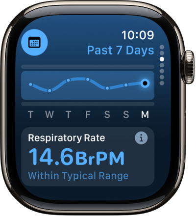 Skrin dalam app Tanda Vital menunjukkan kadar respiratori untuk malam semalam di bahagian bawah. Di bahagian atas, carta menjejak kadar respiratori untuk 7 hari yang lalu.