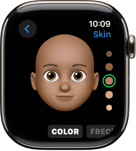 App Memoji pada Apple Watch menunjukkan skrin pengeditan Hidung. Terdapat pandangan dekat muka, dipusatkan pada hidung. Perkataan Warna kelihatan di bahagian bawah.