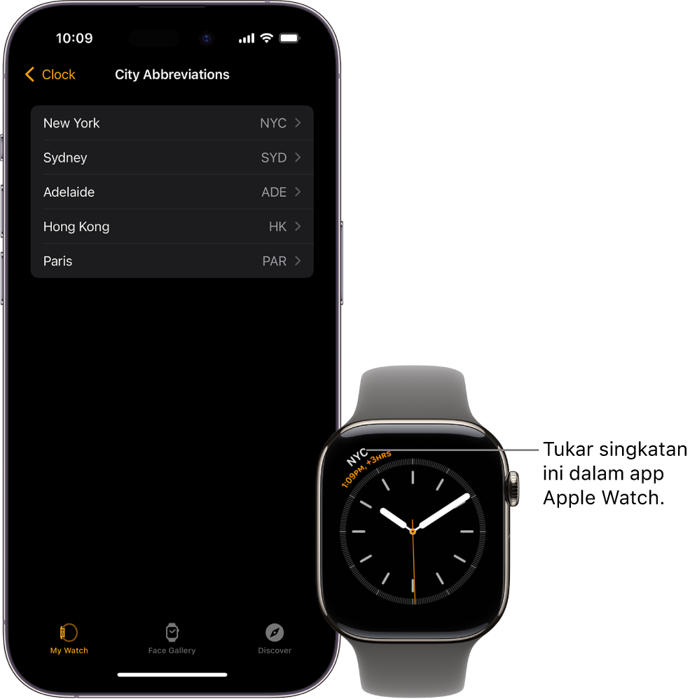 iPhone dan Apple Watch, bersebelahan. Skrin Apple Watch menunjukkan waktu di Kuala Lumpur, menggunakan singkatan KUL. Skrin iPhone menunjukkan senarai bandar dalam seting Jam dalam app Apple Watch.