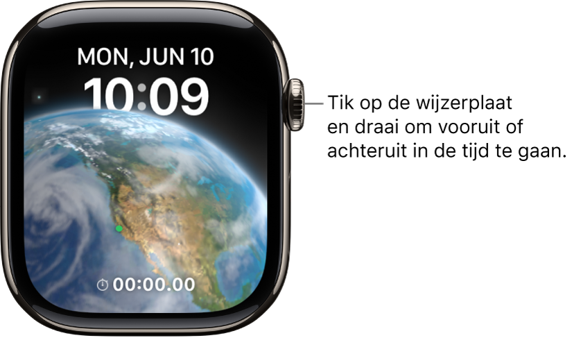 De wijzerplaat Astronomie toont de dag, de datum en de actuele tijd. Onderin bevindt zich een complicatie Timer. Tik op de wijzerplaat en draai de Digital Crown om vooruit of achteruit in de tijd te gaan.