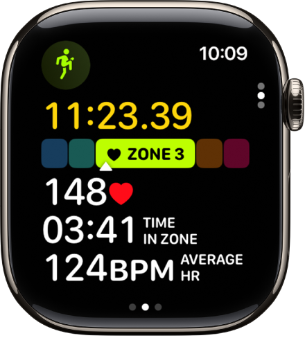 Een hardloopwork-out waarbij de verstreken tijd, de huidige zone, je hartslag, de tijd in de zone en je gemiddelde hartslag worden weergegeven.