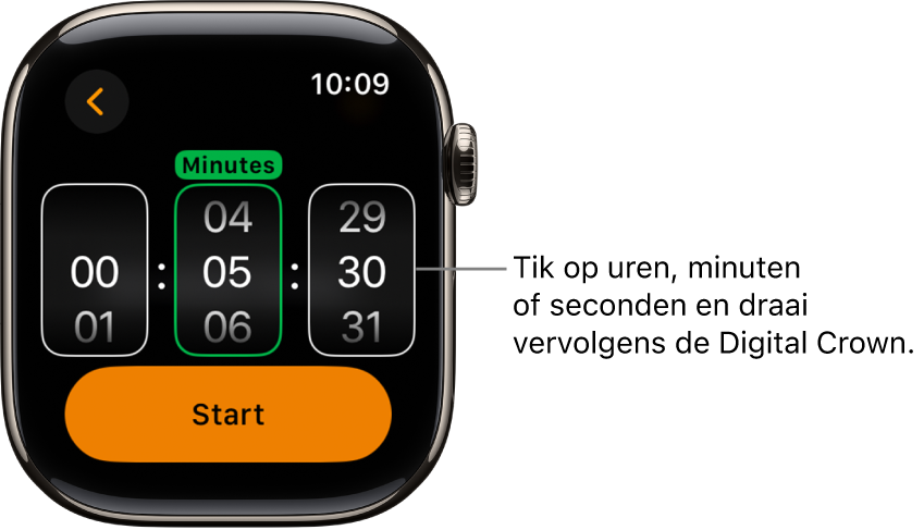 Instellingen voor een aangepaste timer, met links de uren, in het midden de minuten en rechts de seconden. Daaronder staat de startknop.