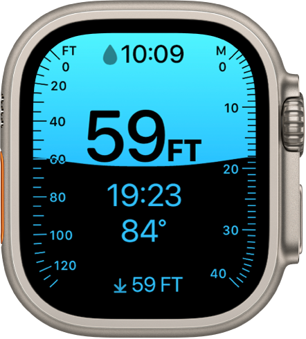 Een Diepte-scherm op de Apple Watch Ultra met de huidige diepte, de verstreken tijd en de watertemperatuur.