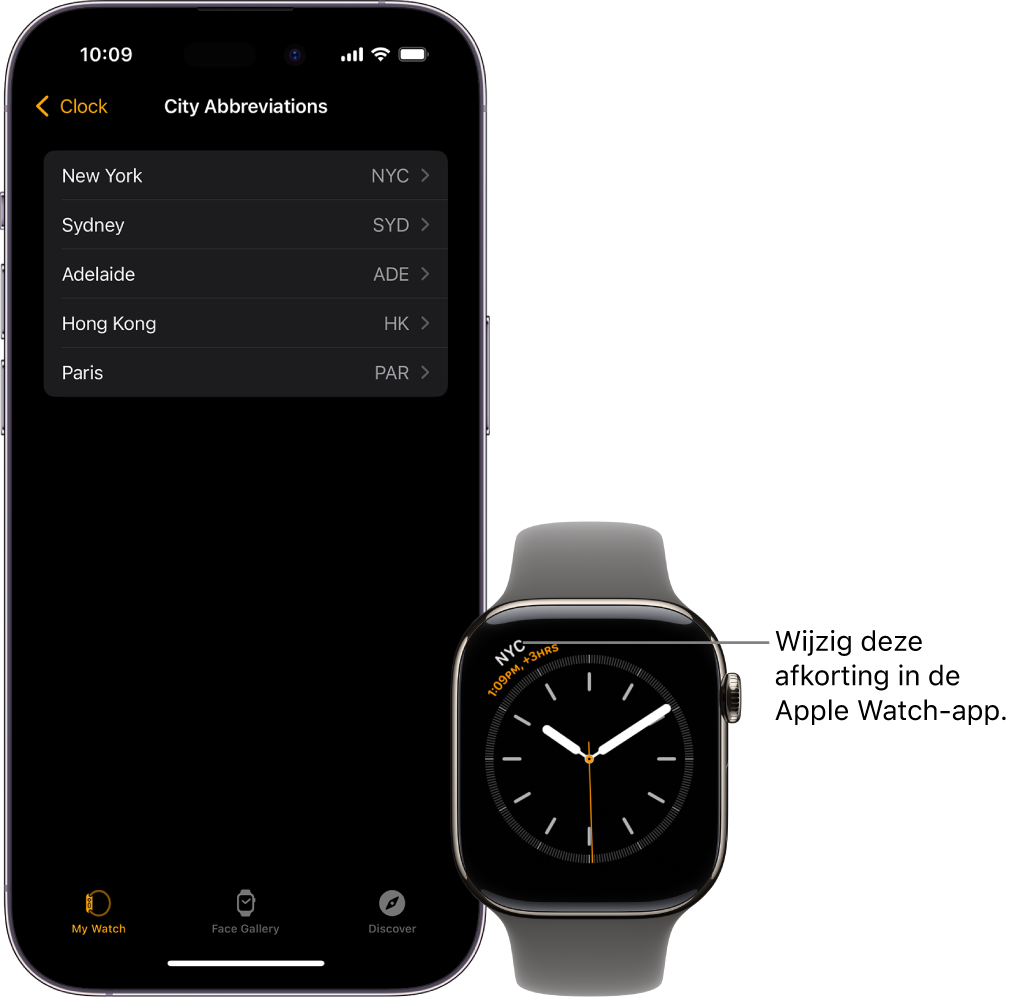 Een iPhone en een Apple Watch naast elkaar. Op het Apple Watch-scherm is de tijd in New York te zien (aangeduid met de afkorting "NYC"). Het iPhone-scherm toont de lijst met plaatsen in de klokinstellingen in de Apple Watch-app.