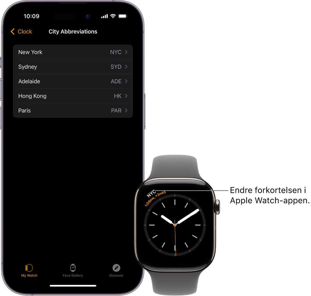 En iPhone og Apple Watch ved siden av hverandre. Apple Watch-skjermen viser klokkeslettet i New York City, med forkortelsen NYC. iPhone-skjermen viser en liste over byer i Klokke-innstillinger i Apple Watch-appen.