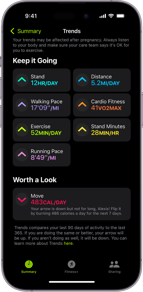 O separador Tendências na aplicação Atividade no iPhone. Uma grande quantidade de medidas é apresentada por baixo do título “Tendências” na parte superior do ecrã. Entre as Medidas, incluem-se “Exercício”, “De pé” e “Distância”, etc. “Movimento” aparece por baixo do título “Vale a pena ver”.