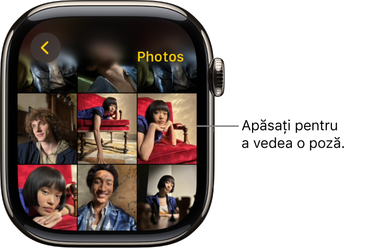 Ecranul principal al aplicației Poze pe Apple Watch, având câteva poze afișate sub formă de grilă.