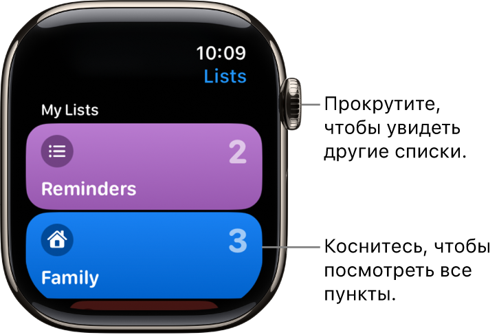 На экране со списками напоминаний в приложении «Напоминания» показаны две кнопки: «Семья» и «Дом». Цифры справа означают количество напоминаний в каждом списке. Коснитесь списка, чтобы просмотреть его элементы, или прокрутите колесико Digital Crown, чтобы просмотреть другие списки.