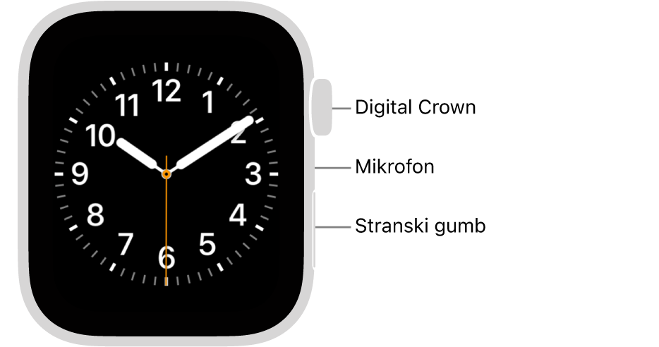 Sprednji del ure Apple Watch Series 6 s prikazano številčnico na zaslonu ter z gumbom Digital Crown, mikrofonom in stranskim gumbom od zgoraj navzdol na stranskem delu ure.