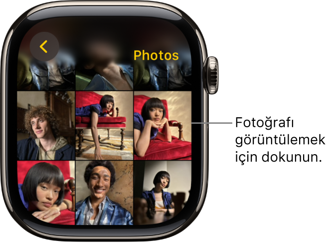 Apple Watch’taki Fotoğraflar uygulamasının ana ekranı, bir ızgarada çok sayıda fotoğrafla birlikte görüntüleniyor.