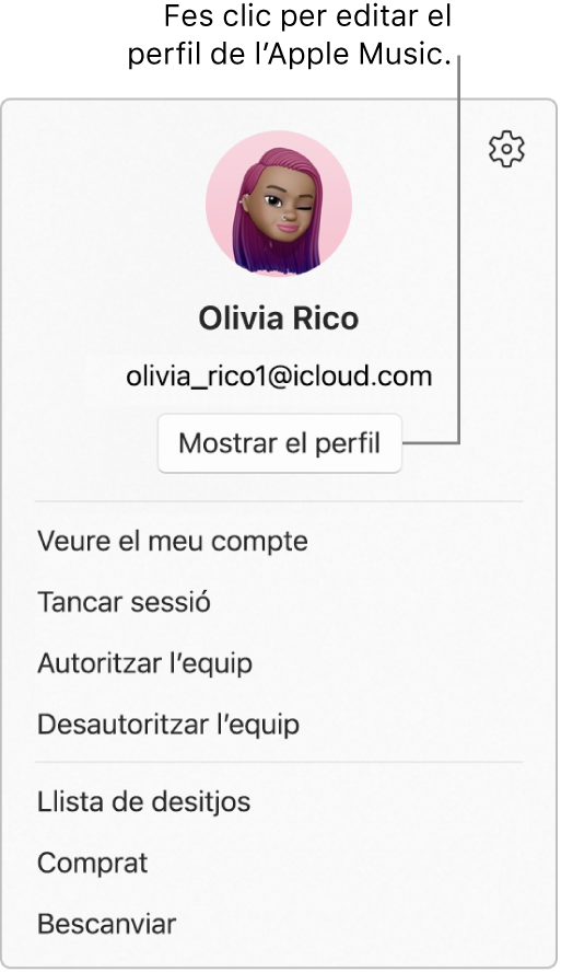 El menú de perfil, que apareix si selecciones el teu nom a la part inferior de la barra lateral. La foto i l’ID d’Apple de l’usuari és a la part superior. El botó de veure el perfil és a sota de l’ID d’Apple. Les opcions del menú són “Veure el meu compte”, “Autoritzar l’ordinador” i “Llista de desitjos”.