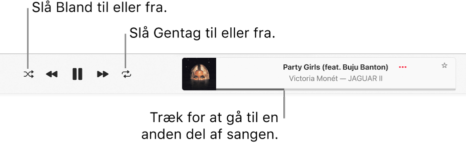 Afspilningsvinduet med en sang, der afspilles. Knappen Bland er i øverste venstre hjørne, og knappen Gentag er til venstre for albummets billede. Afspilningsmærket er under navnet på sangen i højre side af vinduet.