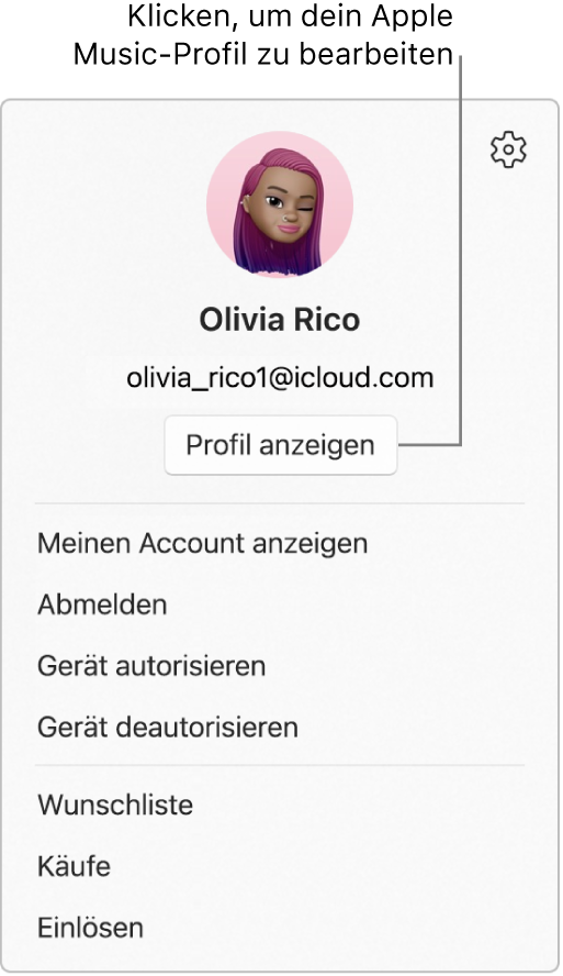 Das Menü „Profil“, das angezeigt wird, wenn du deinen Namen unten in der Seitenleiste auswählst. Das Benutzerbild und die Apple-ID werden oben angezeigt. Die Taste „Profil anzeigen“ befindet sich unter der Apple-ID. Zu den Optionen gehören „Meinen Account anzeigen“, „Gerät autorisieren“ und „Wunschliste“.