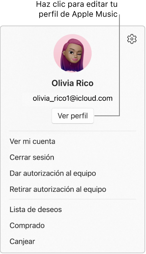 El menú del perfil, que aparece cuando seleccionas tu nombre en la parte inferior de la barra lateral. La foto de usuario y el Apple ID están en la parte superior. El botón Ver perfil está debajo del Apple ID. Las opciones del menú incluyen Ver mi cuenta, Autorizar equipo, y Lista de deseos.