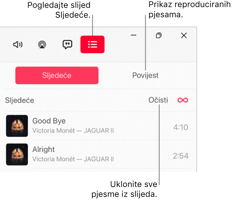 Gornji desni kut prozora aplikacije Apple Music s tipkom Sljedeće pri vrhu reda Sljedeće. Tipka Povijest nalazi se s desne strane tipke Sljedeće. Odaberite tipku Povijest kako biste vidjeli popis prethodno reproduciranih pjesama. Link Očisti nalazi se ispod tipke Povijest. Odaberite link Očisti za uklanjanje svih pjesama iz redoslijeda.