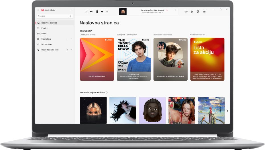 Prozor usluge Apple Music s prikazom Početne stranice.