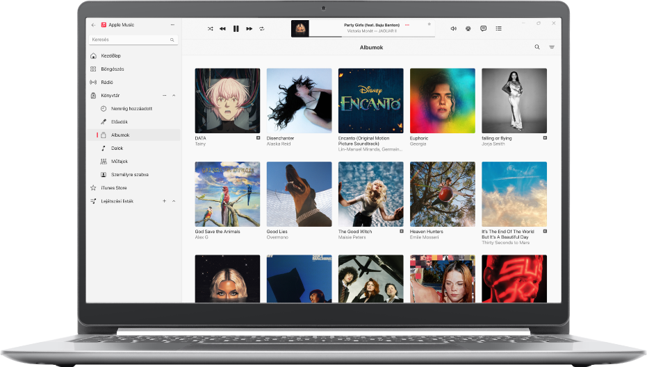 Az Apple Music ablaka, albumokat tartalmazó könyvtárral.