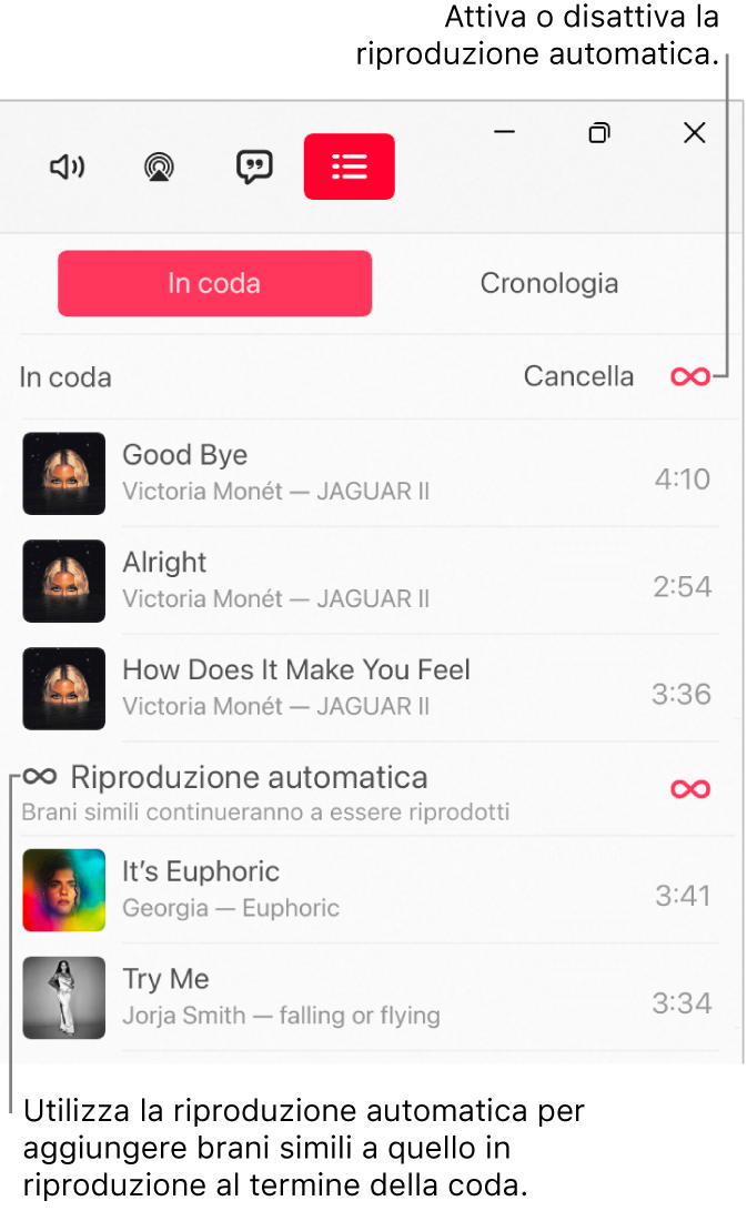 La coda di brani di “In coda”, con un elenco di brani da riprodurre e l’icona della riproduzione automatica a destra. L’icona della funzione di riproduzione automatica viene selezionata per attivarla o disattivarla. Quando “Riproduzione automatica” è attiva, canzoni simili vengono aggiunte in fondo alla coda.