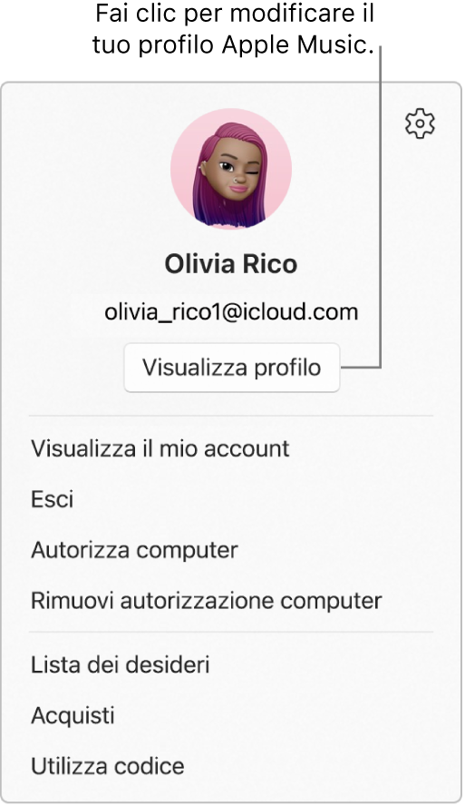 Il menu Profilo è disponibile quando selezioni il tuo nome in basso, rispetto alla barra laterale. La foto e l’ID Apple sono in alto. Il pulsante “Visualizza profilo” si trova sotto all‘ID Apple. Il menu delle opzioni include “Visualizza il mio account”, “Autorizza computer” e “Lista dei desideri”.