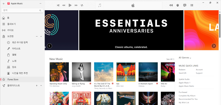iTunes Store 메인 창: 사이드바에 iTunes Store가 하이라이트되어 있음.