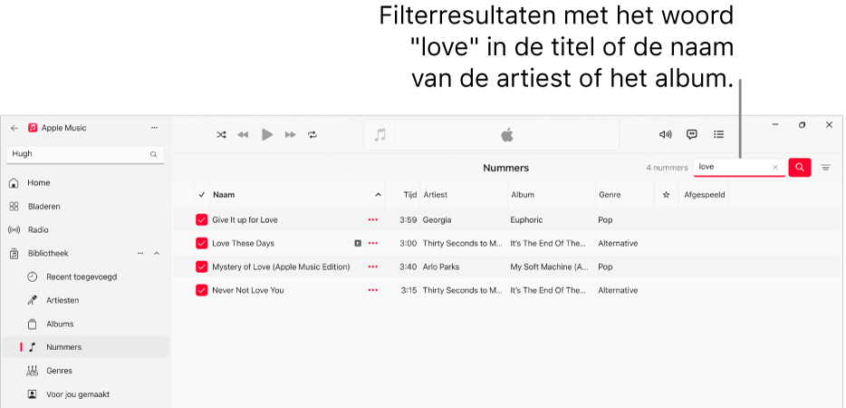 Het Apple Music-venster met de lijst met nummers die worden weergegeven wanneer rechtsboven in het filterveld het woord "love" wordt getypt. De nummers in de lijst hebben het woord "love" in de titel of in de naam van de artiest of het album.