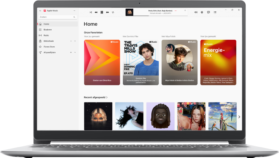 Het Apple Music-venster met 'Home' actief.