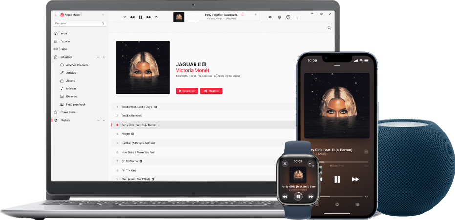 Uma música tocando em um Mac, iPhone e Apple Watch, com um HomePod.