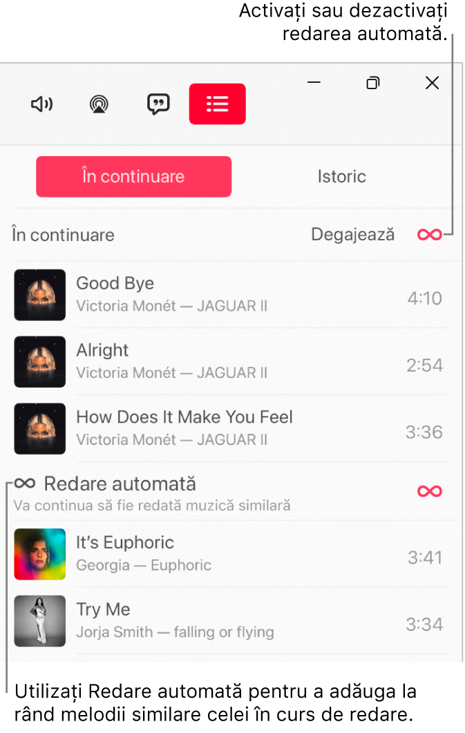 Lista “În continuare”, afișând o listă cu melodiile următoare și pictograma Redare automată în dreapta. Selectați pictograma Redare automată pentru a o activa sau dezactiva. Când redarea automată este pornită, melodii similare sunt adăugate la sfârșitul rândului de redare.