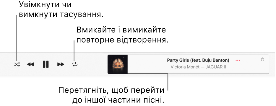 Вікно з піснею, яка відтворюється. Кнопка «Тасувати» в лівому верхньому куті та кнопка «Повторювати» зліва від обкладинки альбому. Смуга відтворення під назвою пісні у правій частині вікна.