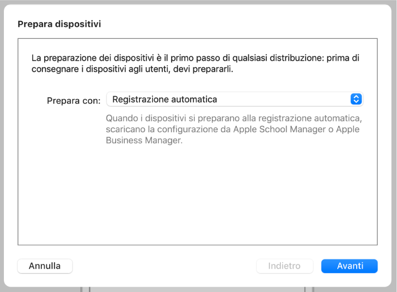 La finestra di dialogo “Prepara dispositivi” dell'assistente di preparazione per l'automatizzazione della registrazione in una soluzione MDM.