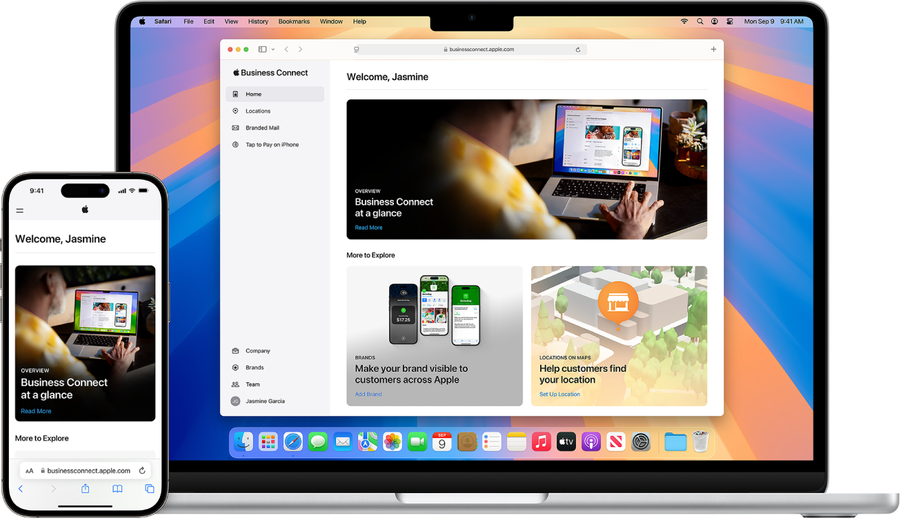 En Mac, der viser Apple Business Connect med oplysninger om et selskab.