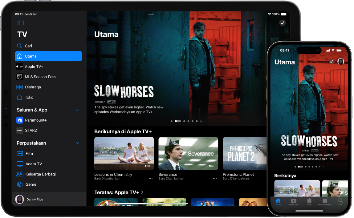 iPad dan iPhone menampilkan app Apple TV