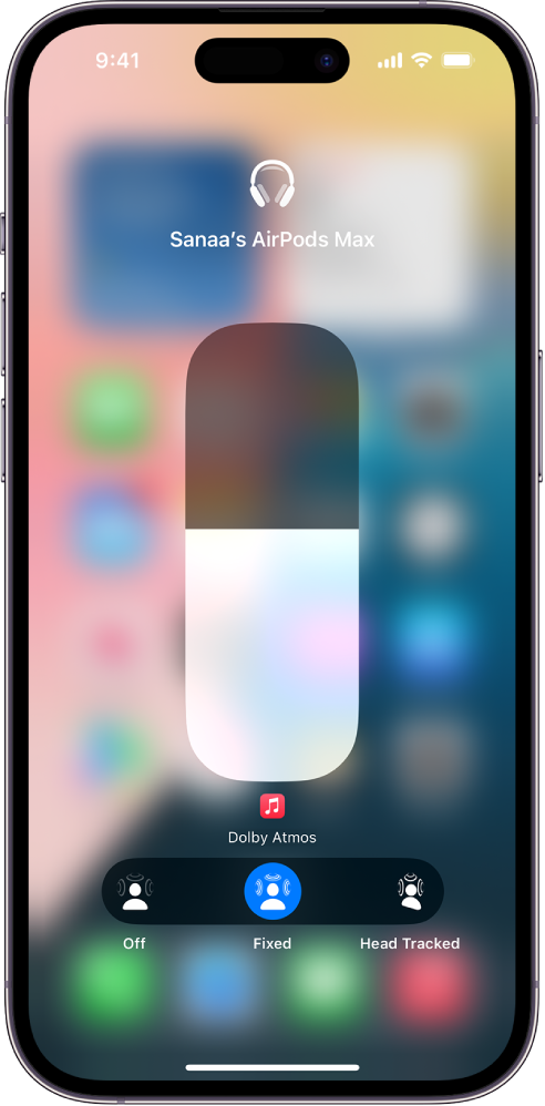 The volume screen in Control Center showing the volume level for AirPods Max. Below the volume indicator, the Spatial Audio options are showing. The options are Off, Fixed, and Head Tracked.