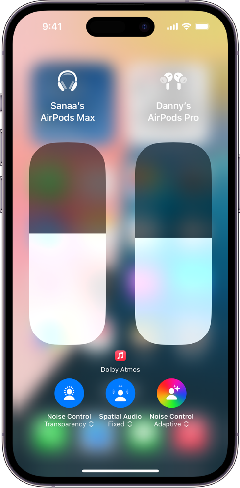 The volume screen in Control Center showing the volume level for two pairs of AirPods. Below the volume indicator on the left is the Noise Control/Transparency icon, indicating that Transparency is on. Below the volume indicator on the right is the Noise Control/Noise Cancellation icon, indicating that Noise Control is on.